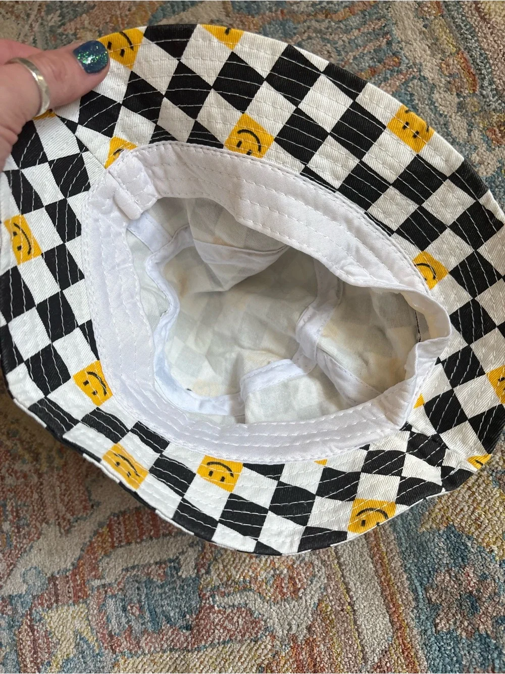 Black & White Checkerboard Kids Bucket Hat with Yellow Smile Accents